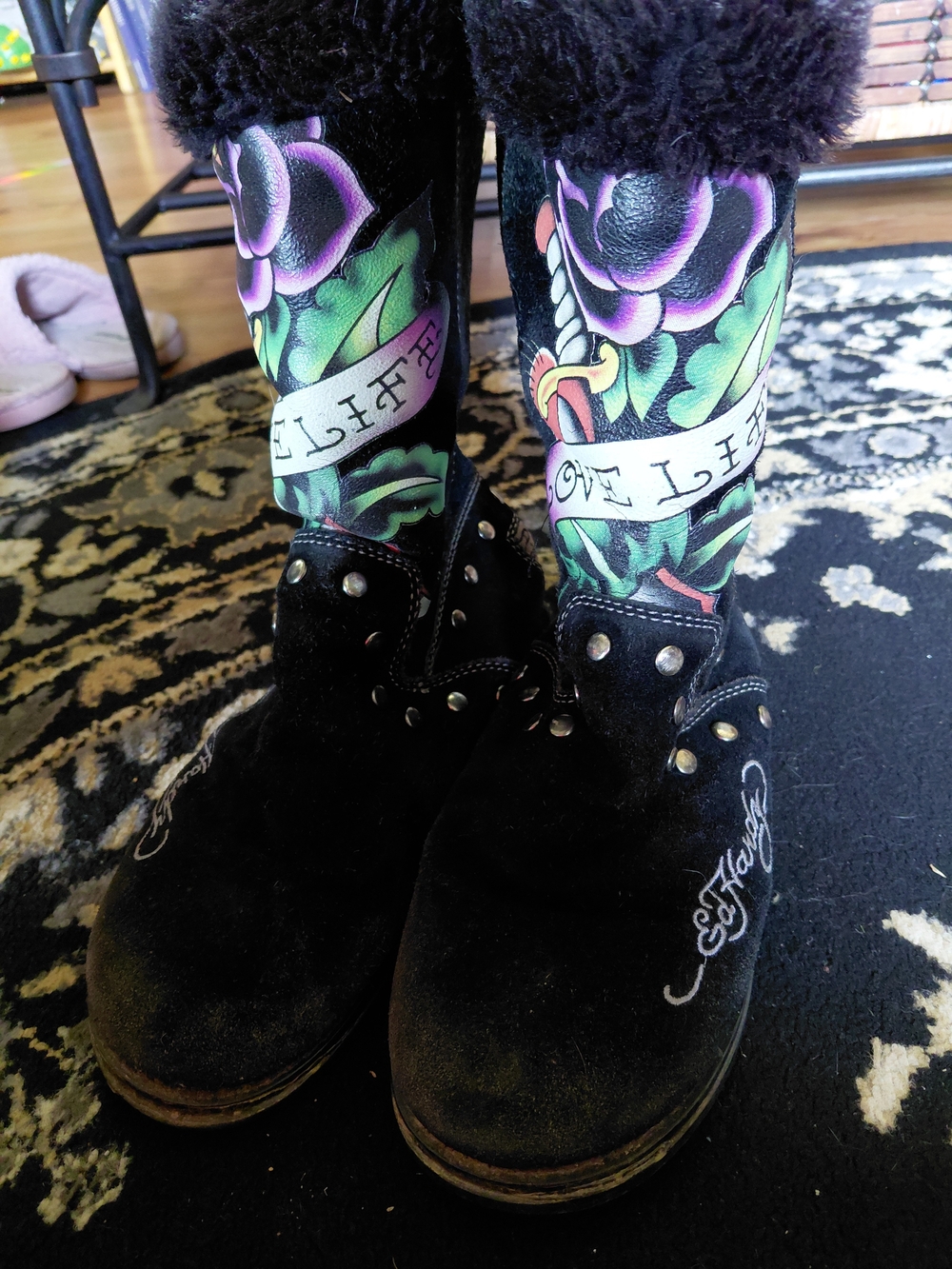 Ed Hardy Black Suede Tattoo-Inspired Fur-Top Boots